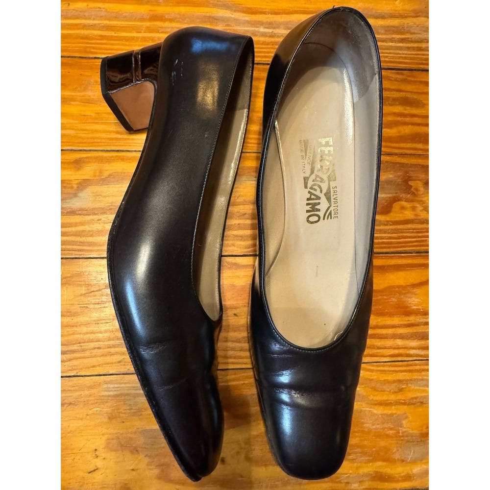 Salvatore Ferragamo Black Metallic Block Heel Pumps Size 10